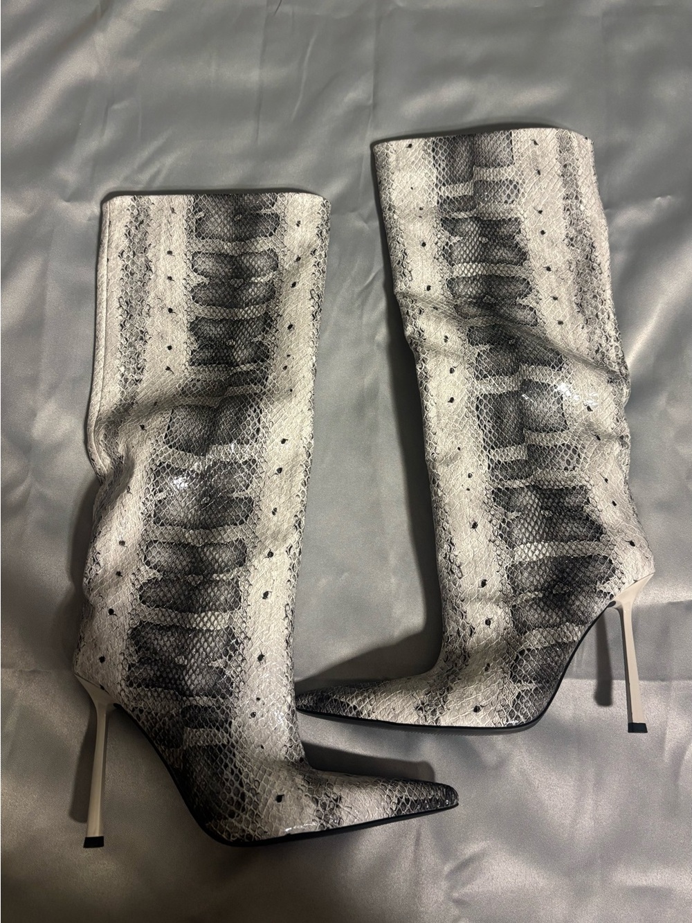 Azalea Wang Snake Print Stiletto Knee-High Boots